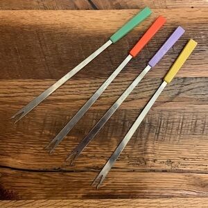 VINTAGE Fondue Forks 4 Stainless Steel Nevco Japan Acrylic Handles Color Coded